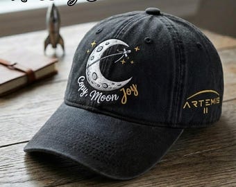 Gorra bordada con la frase "Moon Joy", gorra de béisbol con cita lunar, regalo para amantes de la astronomía, gorra minimalista de estilo urbano cósmico, gorra de papá con bordado lunar.