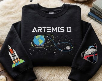 Sweat-shirt brodé Artemis II, col rond exploration spatiale, chemise en orbite terrestre et lunaire de style vintage, cadeau pour amateur d'astronomie, vêtements scientifiques