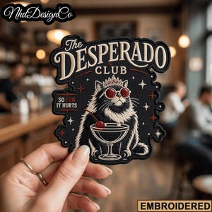 Desperado Club Princess Donut  Cat Embroidered Patch, Funny Cocktail Cat Iron On Patch, Y2K Black Bag Patch, Cute Cat Sew On Applique