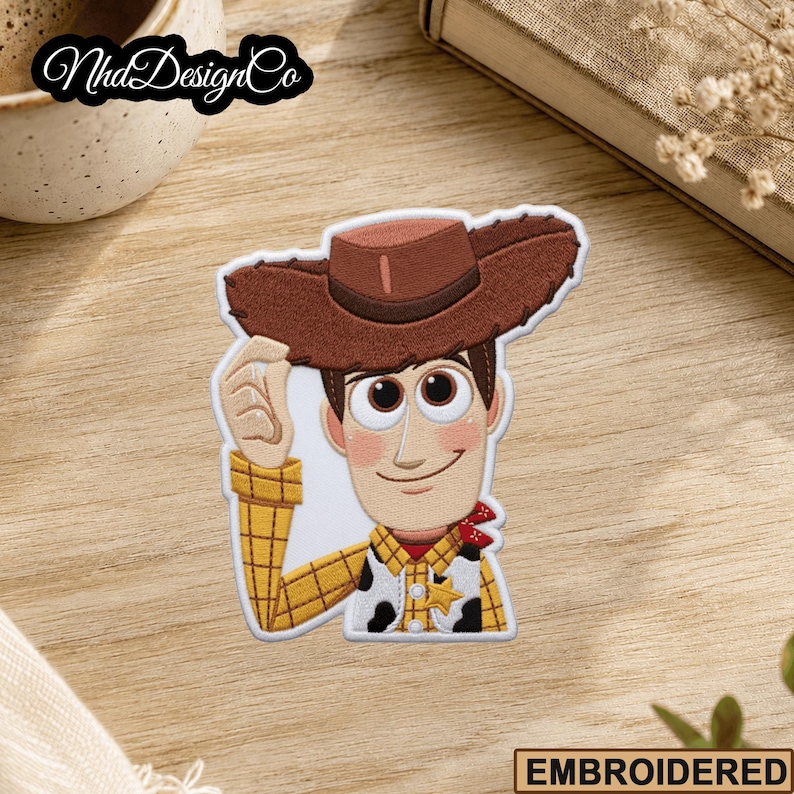 May include: Embroidered patch featuring a cartoon cowboy character with a brown hat, yellow plaid shirt, and red neckerchief. The patch has a white border and the text "EMBROIDERED" at the bottom.