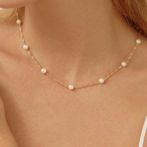 Freshwate Pearl Necklace,Pearl Chain Necklace,Multiple Pearl Necklace,18K Gold Chain Necklace,Dainty Minimalist Pearls Choker,Tiny Pearl