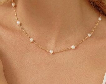 Freshwate Pearl Necklace,Pearl Chain Necklace,Multiple Pearl Necklace,18K Gold Chain Necklace,Dainty Minimalist Pearls Choker,Tiny Pearl
