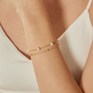 Double Chain Pearl Bracelet,Layer Pearl Beaded Bracelet,Freshwater Pearl Bracelet,Bridal Bracelet,Wedding Bracelet,Bridesmaid Gift for Her