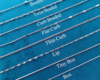 May include: A range of silver chain necklaces on a blue backdrop. Styles include beaded 1.6, twist beaded, curb beaded, flat curb, thin curb, lip, tiny box, and box chains. Each chain is labelled with its style name in white text.