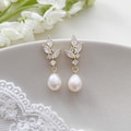 Natural Pearl Diamond Earrings,Crystal Bridal Earrings,Pearl Drop Earrings,Silver\u00a0Leaf Diamond EarringsFreshwater Pearl Wedding Earrings