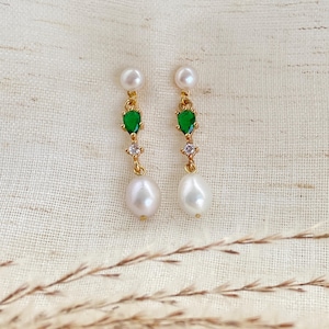 Emerald Pearl Drop Earrings,Diamond Pearl Dangle Earrings,Gold Pearl Earrings,Vintage Emerald Jewelry,Wedding Earrings,Bridal Earrings