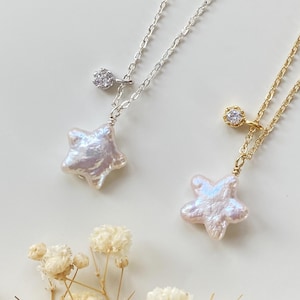 Baroque Pearl Star Necklace,Gold Pearl Necklace with Diamond,Freshwater Pearl Neckalce,Minimalist Pearl Necklace,Pearl Jewelry,Gift for Her
