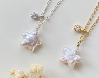 Baroque Pearl Star Necklace,Gold Pearl Necklace with Diamond,Freshwater Pearl Neckalce,Minimalist Pearl Necklace,Pearl Jewelry,Gift for Her