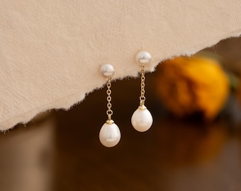 Freshwater Pearl Earrings,Dainty Pearl Dangle Earrings,Double Pearl Drop Earrings,Bridal Earrings,Real Pearl Earrings,Wedding Earrings