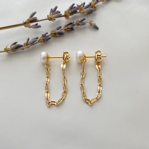 Pearl Chain Loop Earrings ,Freshwater Pearl Stud Earrings,Gold Chain Earrings,Minimalist Chain Earring,Chain Dangle Hoop Earrings
