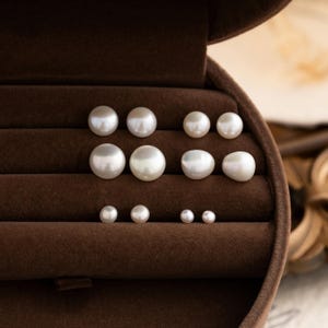 Peut inclure: Un coffret à bijoux en velours marron contenant une sélection de boucles d'oreilles en perles blanches de différentes tailles. Les perles sont disposées en rangées, les plus grosses en haut et les plus petites en bas.