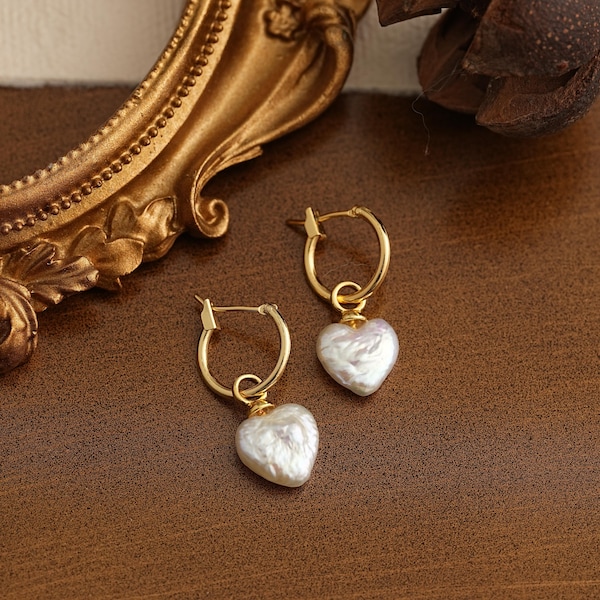 Barock Perle Herz Ohrringe, Gold Perle Hoop Ohrringe, Perle Tropfen Ohrringe, Braut Ohrringe, Hochzeit Ohrringe, Perle Schmuck Set, Herz Halskette
