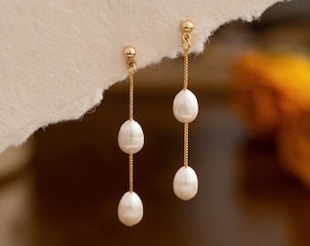 Freshwater Pearl Earrings,Natural Double Pearl Drop Earrings,Long Pearl Dangle Earrings,Bridal Earrings,Wedding Earrings,Bridesmaid Gifts