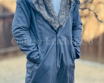 Mens Handmade Cotton Trench Coat: Slim Fit, Faux Fur Collar