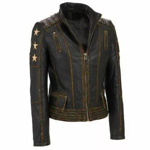 Blouson motard en cuir marron effet vieilli femme, veste de soirée dansante, blouson aviateur, fêtes d'Halloween/Noël TP à 3XL
