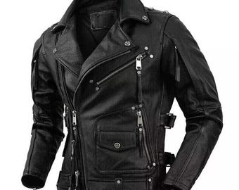 Blouson motard en cuir de vachette fait main : gilet de moto vintage rétro marron et noir
