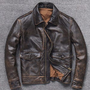 Blouson en cuir vintage fait main pour homme, Blouson aviateur A2, Blouson en cuir effet vieilli marron, Blouson de motard style motard, Blouson de soirée