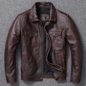 Blouson moto motard vintage en cuir marron effet vieilli Cafe Racer pour homme,