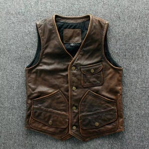 Gilet vintage en cuir véritable pour homme, gilet de motard fait main, gilet en cuir beige foncé, veste en cuir coupe ajustée, gilet de fête,