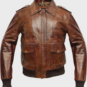 Mens Aviator A2 Leather Jacket, Biker Motorcycle Jacket, Distressed Bomber Brando Jacket, Slim Fit Brown Vintage Cowhide Leather Jacket.