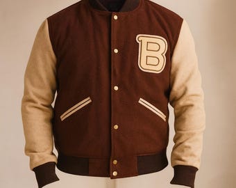 Veste universitaire en laine faite main pour homme, bomber marron avec logo « B »