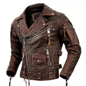 Blouson motard en cuir vintage fait main, blouson moto Brando, blouson en cuir de vachette, blouson marron effet vieilli, blouson rétro.