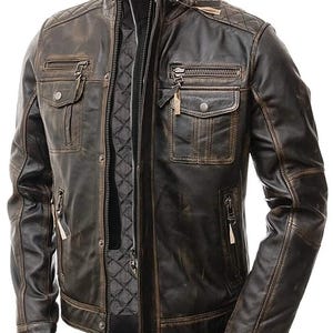 Blouson moto motard vintage en cuir véritable vieilli marron Cafe Racer pour homme, blouson en cuir fait main, blouson motard en cuir bomber