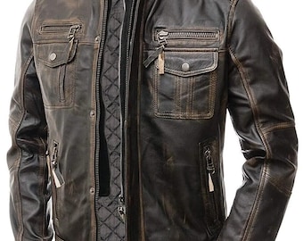 Mens Handmade Distressed Brown Leather Cafe Racer Biker Jacket