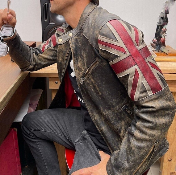 Men's Vintage Motorcycle Jacket - Lambskin Leather, Union Jack, Distressed Look