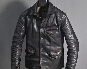 Chaqueta de motorista de cuero negro desgastado estilo vintage: Bomber de piel de vaca hecha a mano