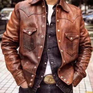 Blouson en cuir fait main, blouson de motard en cuir vintage, blouson en cuir marron effet vieilli, blouson aviateur en cuir, blouson de soirée.