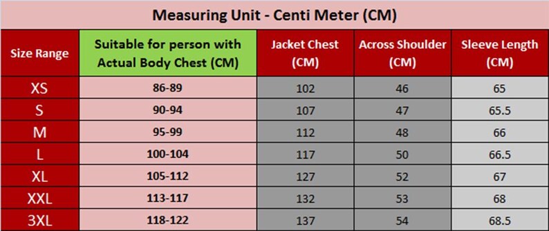 May include: A size chart for jackets, with measurements in centimeters. The chart includes size ranges from XS to 3XL, detailing jacket chest, shoulder width, and sleeve length. It also specifies the actual body chest size in centimeters.