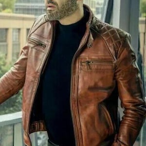 Blouson en cuir vintage fait main pour homme, blouson en cuir effet vieilli marron, blouson aviateur de fête, blouson aviateur rétro en cuir style moto.