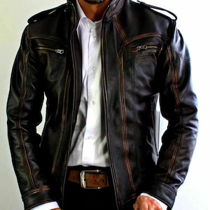 Mens Biker Motorcycle Leather Jacket, Vintage Handmade Leather Jacket, Distressed Brown Color Leather Jacket, Bomber Party Style Jacket.