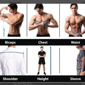 Peut inclure: Un diagramme montrant comment mesurer diff&eacute;rentes parties du corps pour les v&ecirc;tements, y compris les biceps, la poitrine, la taille, l'&eacute;paule, la taille et la manche. Le diagramme utilise un ruban &agrave; mesurer et montre le bon placement pour chaque mesure.