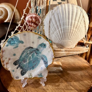 Könnte beinhalten: Dekorative Muschelschale mit einem Schildkröten-Design in Blau und Weiß, mit einem goldfarbenen Rand. Die Schale wird auf einem transparenten Ständer präsentiert, neben einer größeren weißen Muschel und anderen nautischen Dekorationen.