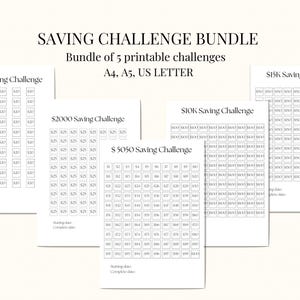 May include: A printable bundle of five saving challenge trackers. Each tracker features a grid with dollar amounts to track savings goals of $1000, $2000, $5050, $10,000, and $15,000. The trackers are designed for A4, A5, and US Letter paper sizes.