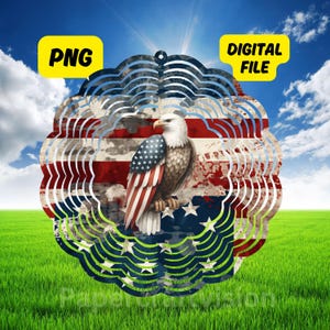 May include: A metal wind spinner with a distressed American flag design and a bald eagle perched on a branch. The spinner has multiple layers of metal cutouts in the shape of stars and stripes.