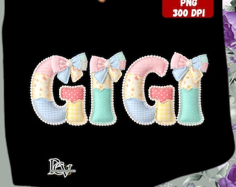 Gigi PNG, Pastell Faux Patchwork, Kokette Alphabet, Perlenschleife Clipart (digitaler Download