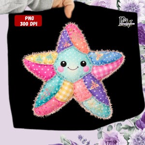 May include: A colorful, patchwork starfish design with a smiling face, featuring various patterns and colors like pink polka dots, blue gingham, and floral accents. The image includes the text "PNG 300 DPI" in a red box.