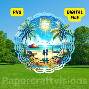 Peut inclure: Un design circulaire en couches représentant une scène de plage avec des palmiers, un couple et un parapluie coloré. Le design comprend le texte "PNG" et "DIGITAL FILE". Le mot "Papercraftvisions" est en bas.