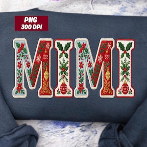 May include: A navy blue textile featuring the embroidered word "MIMI" in a Christmas theme. The letters are adorned with festive red, green, and gold decorations, including baubles and holly.