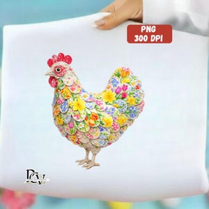 May include: A decorative chicken figurine with a vibrant floral pattern. The chicken features a red comb and wattle, a white beak, and is adorned with colorful flowers. The image includes the text "PNG 300 DPI".
