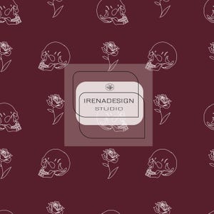Modello minimalista senza cuciture con teschio e rose bordeaux / Download digitale / Per tessuti, carta da regalo, design di confezioni / Non esclusivo