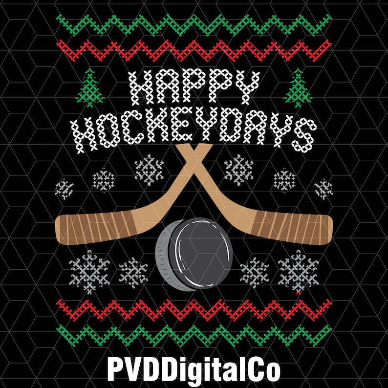 May include: A black graphic with the text "HAPPY HOCKEYDAYS" in white, along with crossed hockey sticks, a puck, snowflakes, and a decorative pattern in red and green. The image has a geometric background.