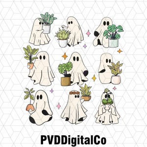 Op de afbeelding: Een verzameling cartoongeesten die potplanten vasthouden. De geesten zijn wit met zwarte ogen en voeten. De planten zijn in verschillende tinten groen en bruin, met potten in verschillende kleuren. De afbeelding bevat sterren en de tekst "PVDDigitalCo".
