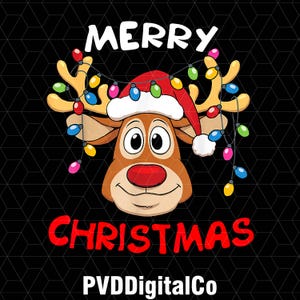 May include: A cartoon illustration of a reindeer wearing a Santa hat and Christmas lights. The words "MERRY CHRISTMAS" are above the reindeer, and "PVDDigitalCo" is below. The background is black with a geometric pattern.