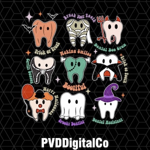 Peut inclure: Illustrations de dents sur le thème d'Halloween sur fond noir. Chaque dent est conçue de manière unique, avec des éléments comme une citrouille, une momie, un diable, un vampire, un squelette, Frankenstein, un clown, un fantôme et une sorcière. Le texte comprend "Trick or Treat" et "Happy Halloween".