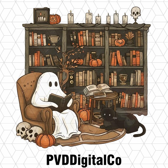 Ghost Reading Book Halloween Book Clubs Png, Ghost Reading Book Png, Halloween Bookshelf Png, Ghostly Bookish Png, Black Cat and Book Png