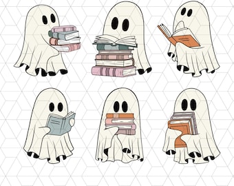 Clubes de lectura de libros de Halloween con fantasmas PNG, lindo nerd de libros de fantasmas, fantasma de Halloween PNG, maestro PNG, bibliotecario sublimado, temporada espeluznante PNG